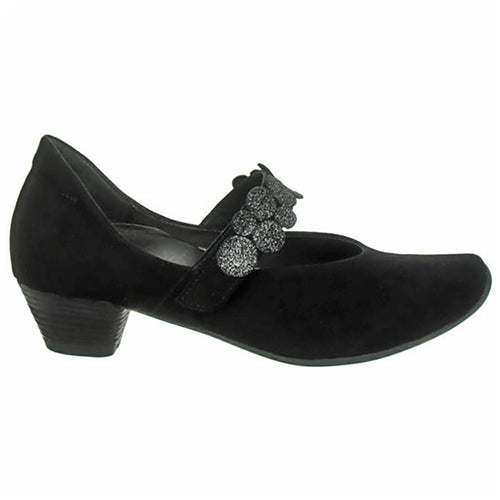 Black Think Women's Aida Mary Jane Velvet Suede With Glittered Circular Ornamentation on Strap Dress