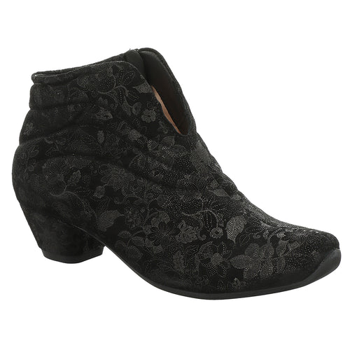 Black Think Women's Aida Ankle Bootie Printed Leather Size Zipper Ankle Bootie Profile View