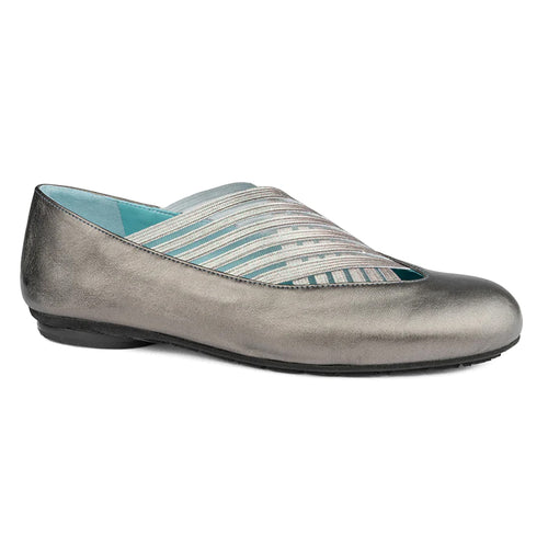 Pewter Silver With Black Sole Thierry Rabotin Women's Gragas Metallic Leather Ballet Flat With Elastic Bands Profile View