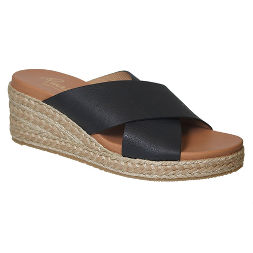 Negro Black With Tan Sole Pinaz Women's 6108 Leather Cross Strap Wedge Slide Espadrille