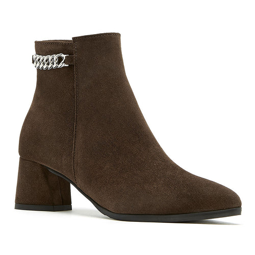 Brunette Brown With Black Sole La Canadienne Women's Andrea Waterproof Suede Heeled Ankle Boot With Chain Link Ornamentation At Collar Profile View