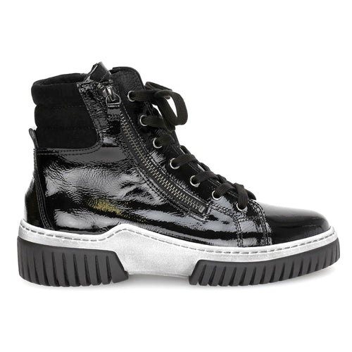 Black With White And Grey Sole Gabor Women's 71761-77 Patent Leather Casual Combat Boot