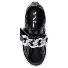 Load image into Gallery viewer, Black With White Sole Nina Doll Girl&#39;s Emaleigh Synthetic Patent Casual Sneaker Strap Closure With Rhinestone Chain Ornament Sizes 10 to 13 and 1 to 6 Top View
