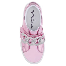 Load image into Gallery viewer, Pink With White Sole Nina Doll Girl&#39;s Emaleigh Synthetic Metallic Casual Sneaker Strap Closure With Rhinestone Chain Ornament Sizes 10 to 13 and 1 to 6 Top View
