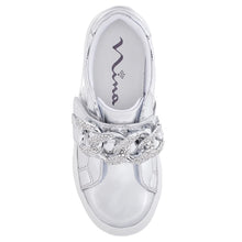 Load image into Gallery viewer, White Nina Doll Girl&#39;s Emaleigh Synthetic Metallic Casual Sneaker Strap Closure With Rhinestone Chain Ornament Sizes 10 to 13 and 1 to 6 Top View
