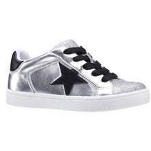 Load image into Gallery viewer, Silver With White And Black Nina Doll Girl&#39;s Evon Vegan Metallic Leather With Glitter Double Velcro Strap Casual Sneaker Sizes 13 and 1 to 6 Profile View
