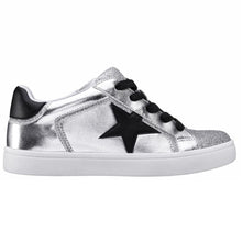 Load image into Gallery viewer, Silver With White And Black Nina Doll Girl&#39;s Evon Vegan Metallic Leather With Glitter Double Velcro Strap Casual Sneaker Sizes 13 and 1 to 6 Side View
