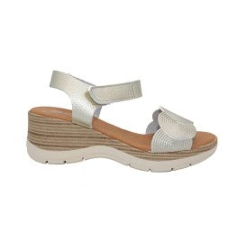 Silver With Beige Sole Eric Michael Women's Honey Leather Triple Strap Wedge Sandal