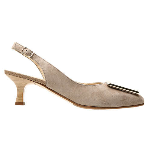 Nut Greyish Brown Brunate Women's Coral Suede Slingback Pump With Rectangular Golden Ornament Side View
