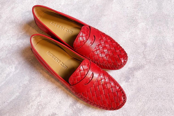 Robert Zur Petra Red Leather Women's Loafer Lifestyle Duo On Grey Marble Floor Harry's Shoes Upper West Side NYC