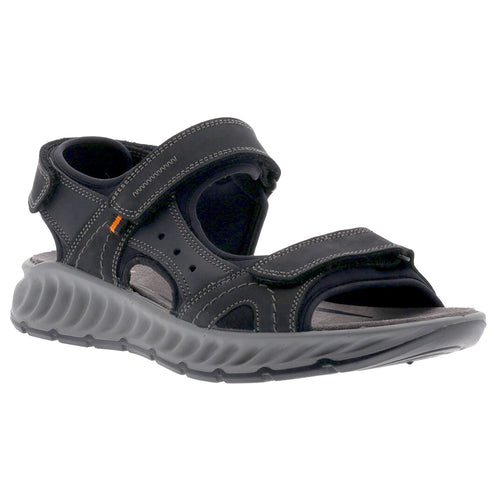 Black With Grey Sole Ara Men's Everett Nubuck Triple Velcro Strap Sports Sandal Profile View
