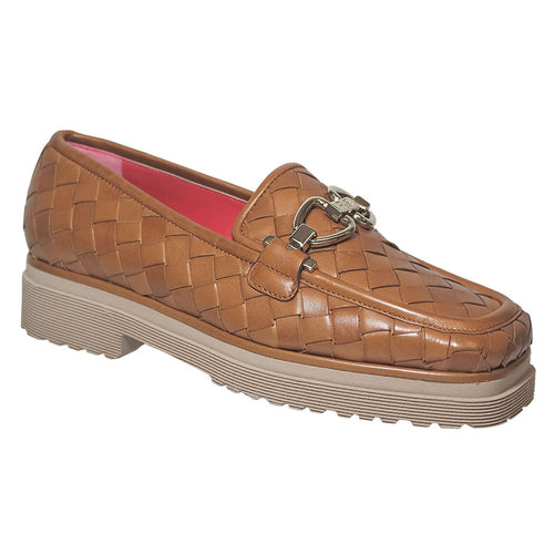 Light Brown With Beige Sole Pas De Rouge Women's Yuna 4046 Woven Leather Loafer With Metal Link Ornament