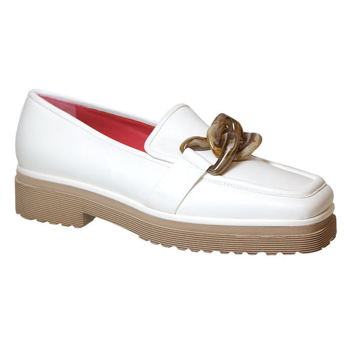 White With Tan Sole Pas De Rouge Women's 4048 Leather Dressy Loafer With Link Ornament
