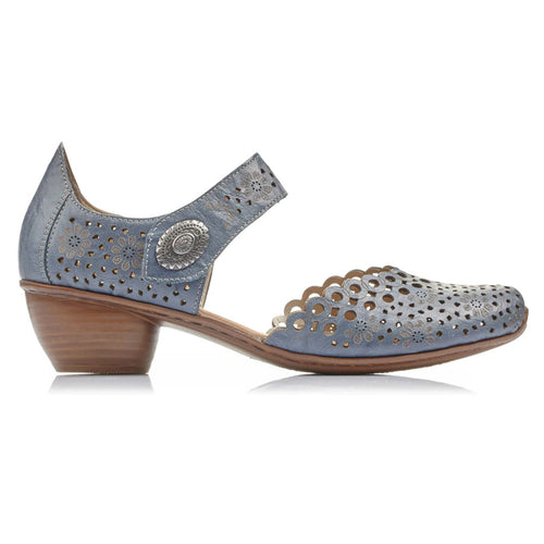 Azure Blue With Brown Heel Rieker Women's 43753 Leather With Laser Cut Outs Mary Jane Pump
