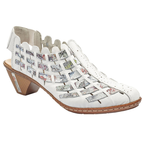 White And Mosiac Print With Brown Heel Rieker Women's 46778 Woven Leather Slingback Closed Toe Sandal Profile View