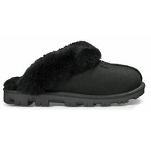 Load image into Gallery viewer, Black UGG Women&#39;s Coquette Suede Slipper With Furry Collar Side View
