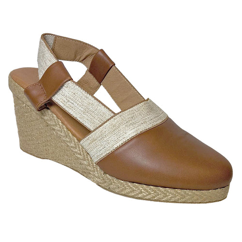 Cuero Brown Beige Andre Assous Women's Ashlee Linen and Leather Closed Toe Sandal Espadrille Wedge