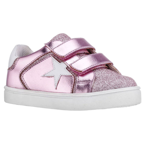 Pink With White Nina Doll Girl's Evon T Vegan Metallic Leather Double Velcro Strap Casual Sneaker Sizes 8 to 12