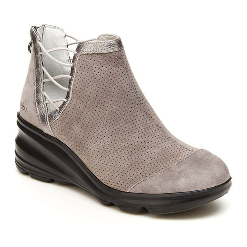 Gunmetal Grey With Black Sole Jambu Women's Naomi Ankle Boot Perforated Leather And Suede Wedge With Side Bungees