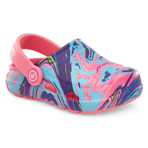 Pink And Blue And Purple And Yellow Stride Rite Infant's Bray Paint Splat Print EVA Clog Sizes 5 to 8