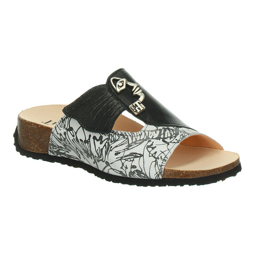 Bianco White And Black Think Women's Mizzi 000124 Leather And Printed Leather Slide Sandal Velcro Strap Closure Profile View