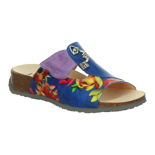 Electric Blue And Purple With Grey Sole Think Women's Mizzi 000124 Leather And Floral Print Leather Slide Sandal Velcro Strap Closure