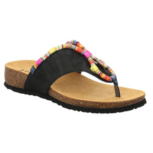 Load image into Gallery viewer, Black With Multi Colored Rope Adornment Think Women&#39;s Julia Leather Thong Sandal Profile View
