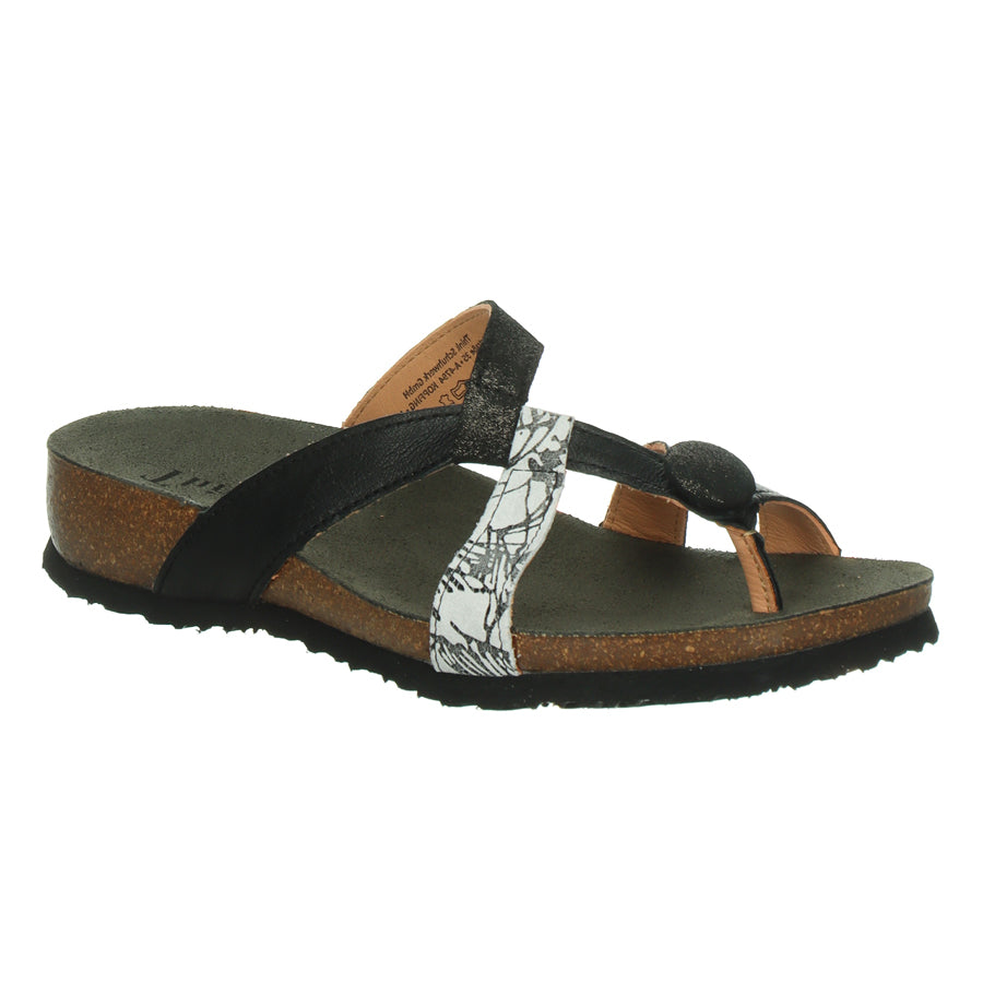 Black With Black And White Effect Think! Women's Julia Leather Strappy Thong Sandal Profile View