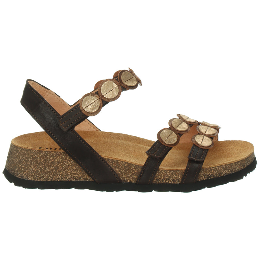 Espresso Dark Brown Think Women's Koak Quarter Strap Leather With Metallic Gold Circles Wedge Sandal