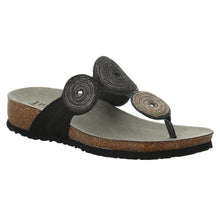 Load image into Gallery viewer, Black With Bronze And Silver Circular Adornments Think! Women&#39;s Julia Leather Thong Sandal Profile View
