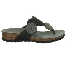 Load image into Gallery viewer, Black With Bronze And Silver Circular Adornments Think! Women&#39;s Julia Leather Thong Sandal Side View
