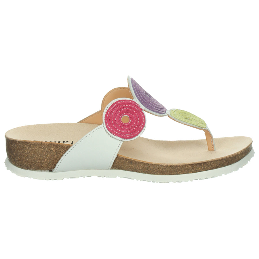 Bianco White With Pink And Purple And Light Green Circular Adornments Think! Women's Julia Leather Thong Sandal Side