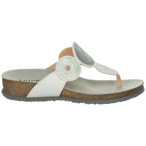 Bianco White With Silver Circular Adornments Think! Women's Julia Leather Thong Sandal Side