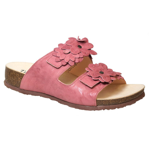 Fuxia Pink With Brown Sole Think Women's Julia 2 Strap Leather Sandal Slide With Flower Ornamentation