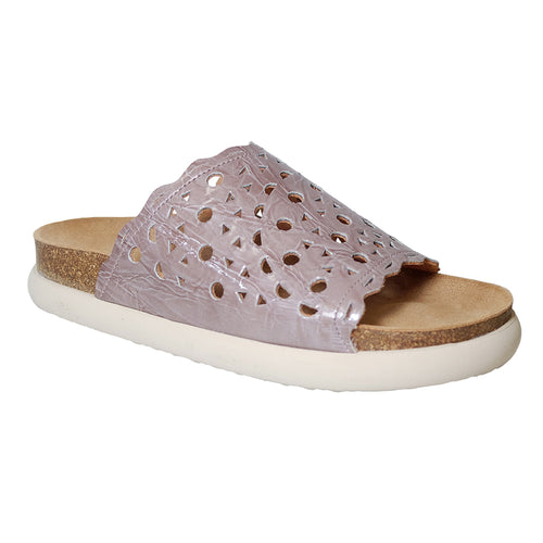 Hibiscus Greyish Purple With Beige Sole Think Women's Moe Laser Band Platform Leather Slide Sandal Profile View