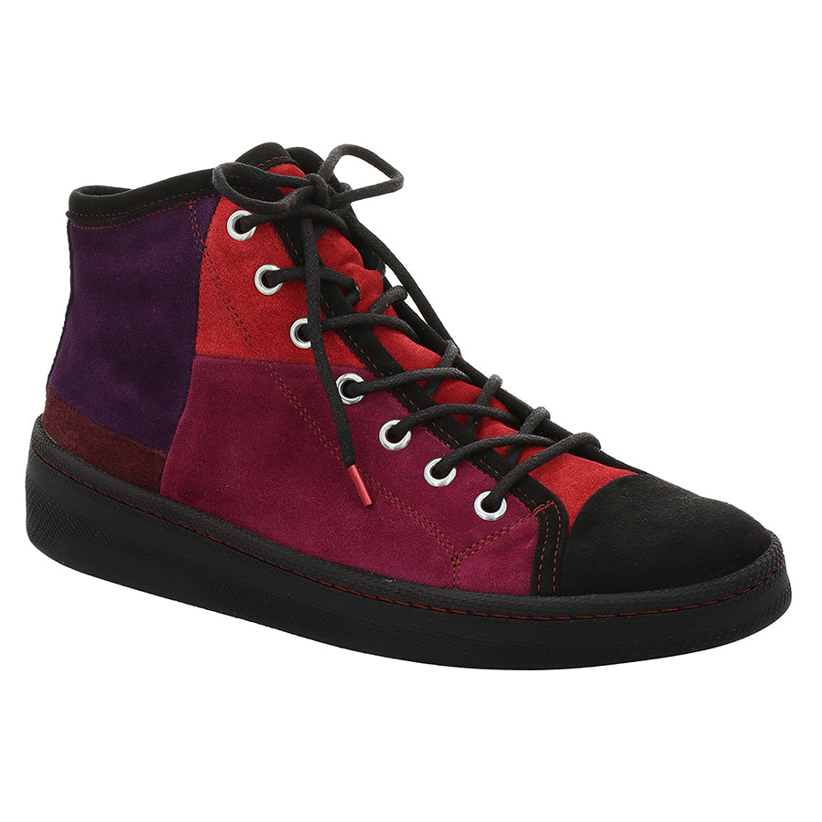 Black With Red And Purple And Maroon Think Women's Kumi Laced Bootie Velvet Suede Casual Sneaker Profile View