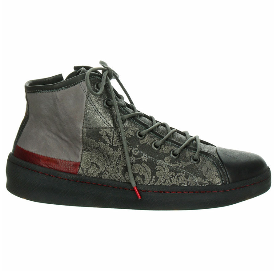 Black With Grey And Maroon And Metallic Think Women's Kumi Laced Bootie Leather And Printed Leather Casual Sneaker