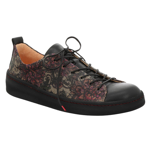 Black With Red And Beige Rose Print Think Women's Kumi Sneaker Suede And Printed Leather Casual Sneaker Profile View