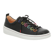 Load image into Gallery viewer, Black With White Sole And Multi Colored Eyelets Think Women&#39;s Kumi Casual Sneaker Leather Profile View
