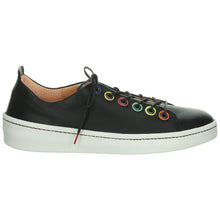 Load image into Gallery viewer, Black With White Sole And Multi Colored Eyelets Think Women&#39;s Kumi Casual Sneaker Leather Side View
