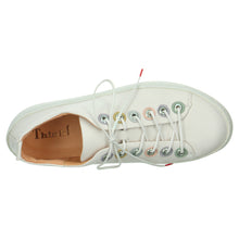 Load image into Gallery viewer, Bianco White And Multi Colored Eyelets Think Women&#39;s Kumi Casual Sneaker Leather Top View
