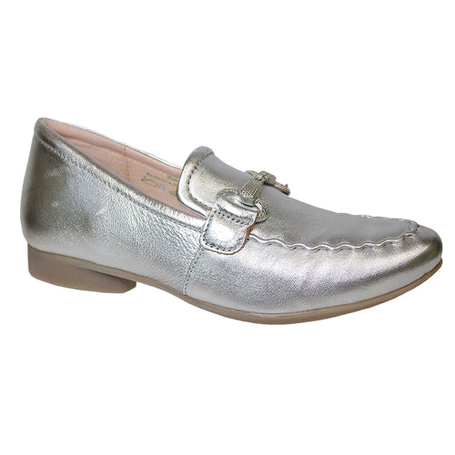 Silver Metallic With Tan Sole Think Women's Guad Loafer Leather Casual With Link Bit