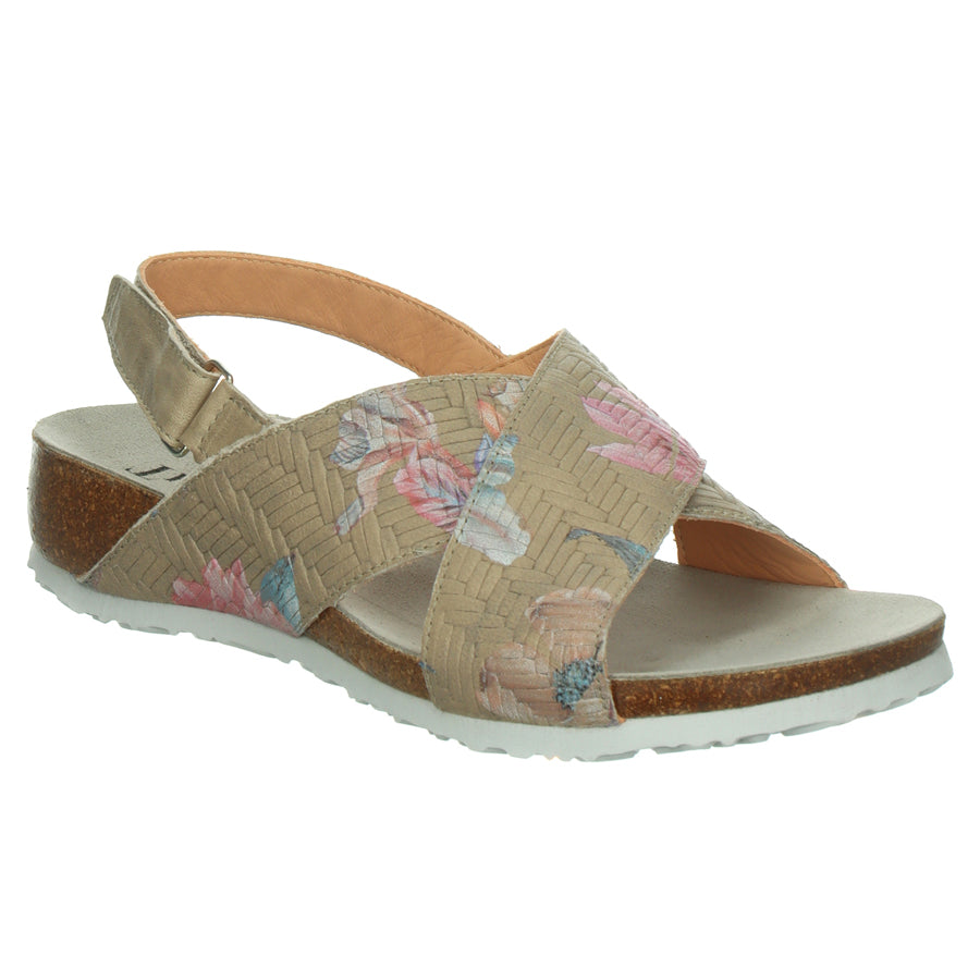 Sage Green With Floral Print And White Sole Think Women's Julia 000936 Leather Cross Strap Backstrap Sandal Profile View