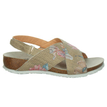 Load image into Gallery viewer, Sage Green With Floral Print And White Sole Think Women&#39;s Julia 000936 Leather Cross Strap Backstrap Sandal Side View
