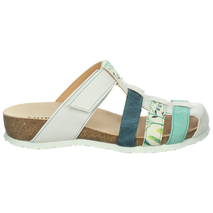 Bianco White With Dark Green And Light Green And Plant Print Think! Women's Julia Leather And Effect Leather Strappy T Strap Slide Sandal