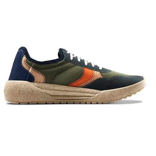 Military Fatigue Green And Blue And Orange And Tan With Light Brown Sole Psudo Men's Repreve Fabric Slip On Sneaker Side View