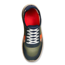 Load image into Gallery viewer, Military Fatigue Green And Blue And Orange And Tan With Light Brown Sole Psudo Men&#39;s Repreve Fabric Slip On Sneaker Top View
