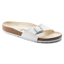 Load image into Gallery viewer, White Birkenstock Women&#39;s Madrid BirkoFlor Single Buckle Strap Slide Sandal Narrow Width Profile View
