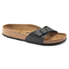 Load image into Gallery viewer, Black Birkenstock Women&#39;s Madrid BirkoFlor Synthetic Single Strap Slide Sandal Narrow Width Profile View
