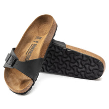 Load image into Gallery viewer, Black Birkenstock Women&#39;s Madrid BirkoFlor Synthetic Single Strap Slide Sandal Narrow Width Top Sole View
